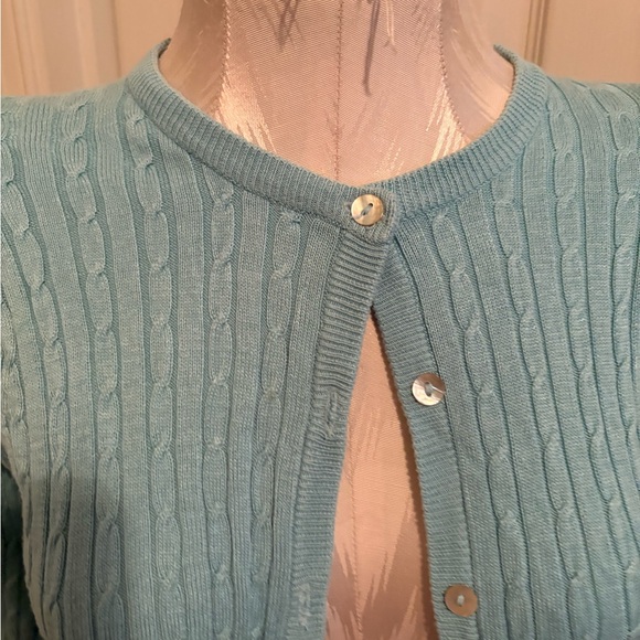 Kevo Women's Blue silk Cable Knit Cardigan Sweater size S shell buttons - Picture 8 of 9